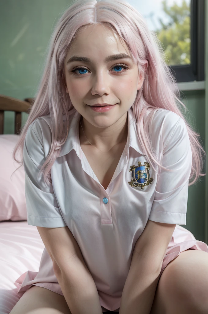 (masterpiece), (high quality), (8k resolution), (RAW photo), (best quality), (masterpiece:1.5), (realistic:1.5), ((photo realistic)), vibrant details, hyper realistic,1girl, (cute:1.2), beautiful, high-quality and detailed face, perfect face, (white hair And light pink hair:1.4), rosy cheeks, detailed eyes, (blue eyes),colorful eyes,(watery eyes),nsfw,, slender body, looking at viewer, closed mouth, real human skin, shiny skin, mid breasts, ((school uniform)), sitting, bed,