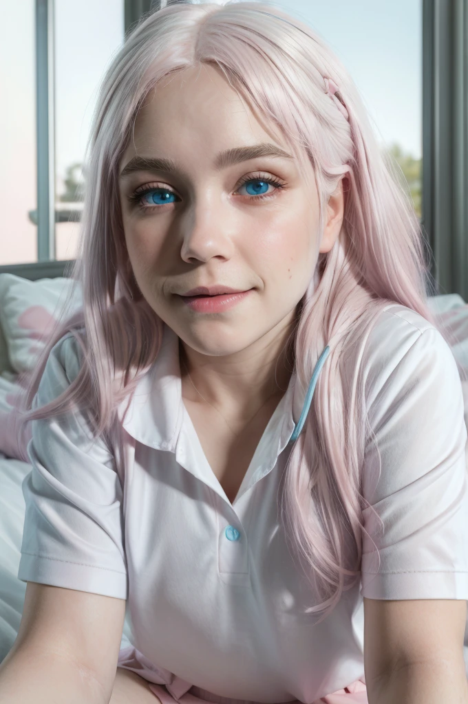 Cute beautiful girl with white hair, with blue eyes. Wearing cute pink pajamas 