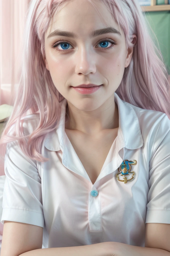 (masterpiece), (high quality), (8k resolution), (RAW photo), (best quality), (masterpiece:1.5), (realistic:1.5), ((photo realistic)), vibrant details, hyper realistic,1girl, (cute:1.2), beautiful, high-quality and detailed face, perfect face, (white hair And light pink hair:1.4), rosy cheeks, detailed eyes, (blue eyes),colorful eyes,(watery eyes),nsfw,, slender body, looking at viewer, closed mouth, real human skin, shiny skin, mid breasts, ((school uniform)), sitting, bed,