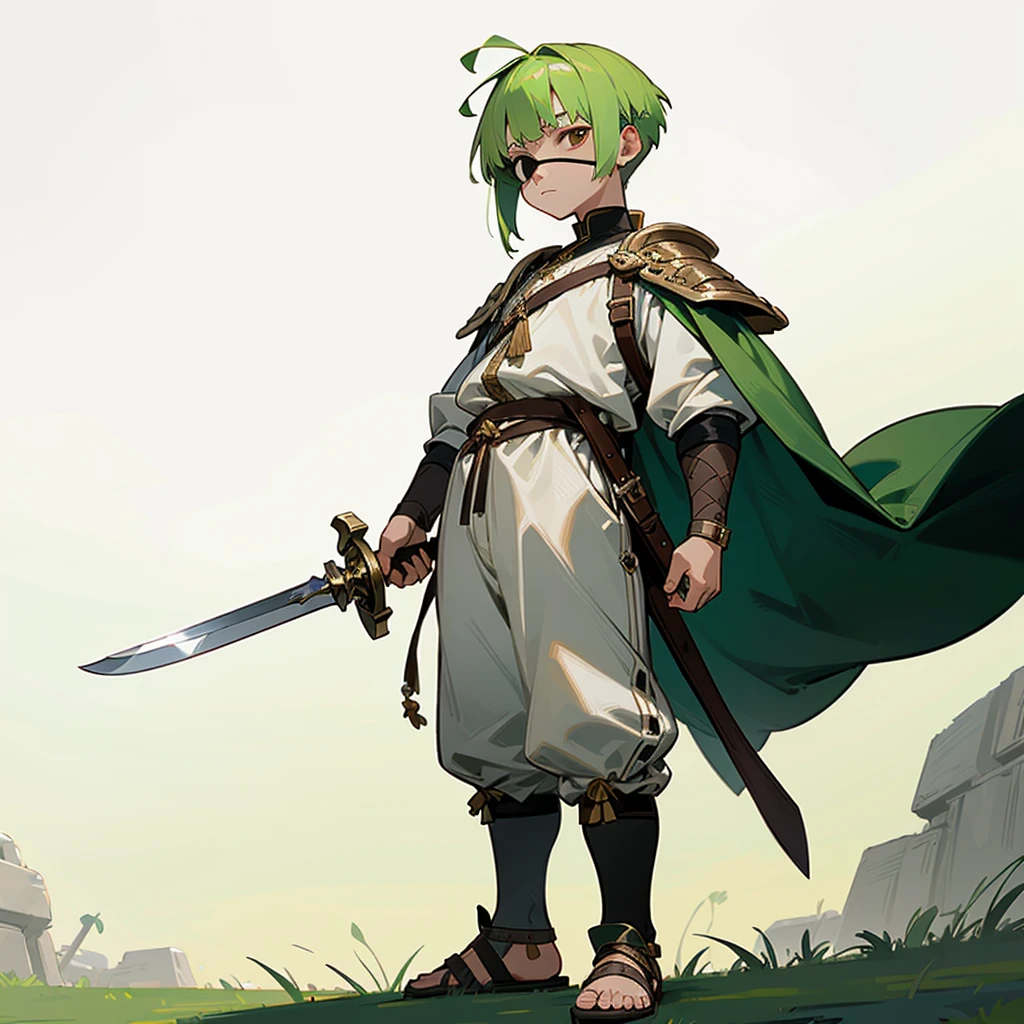 1little boy, Giant version, Full body version, 1character, brown eyes, albino skin, pirate eye patch, buzz cut hairstyle, green colour hair, flat facial expression, small eyes, his fat, big palms, gladiator knight clothing, white colour clothing, ancient Greek sandals, dagger knife in hand, buckler in hand, armor vest, Grassroots background in Pirate Ship