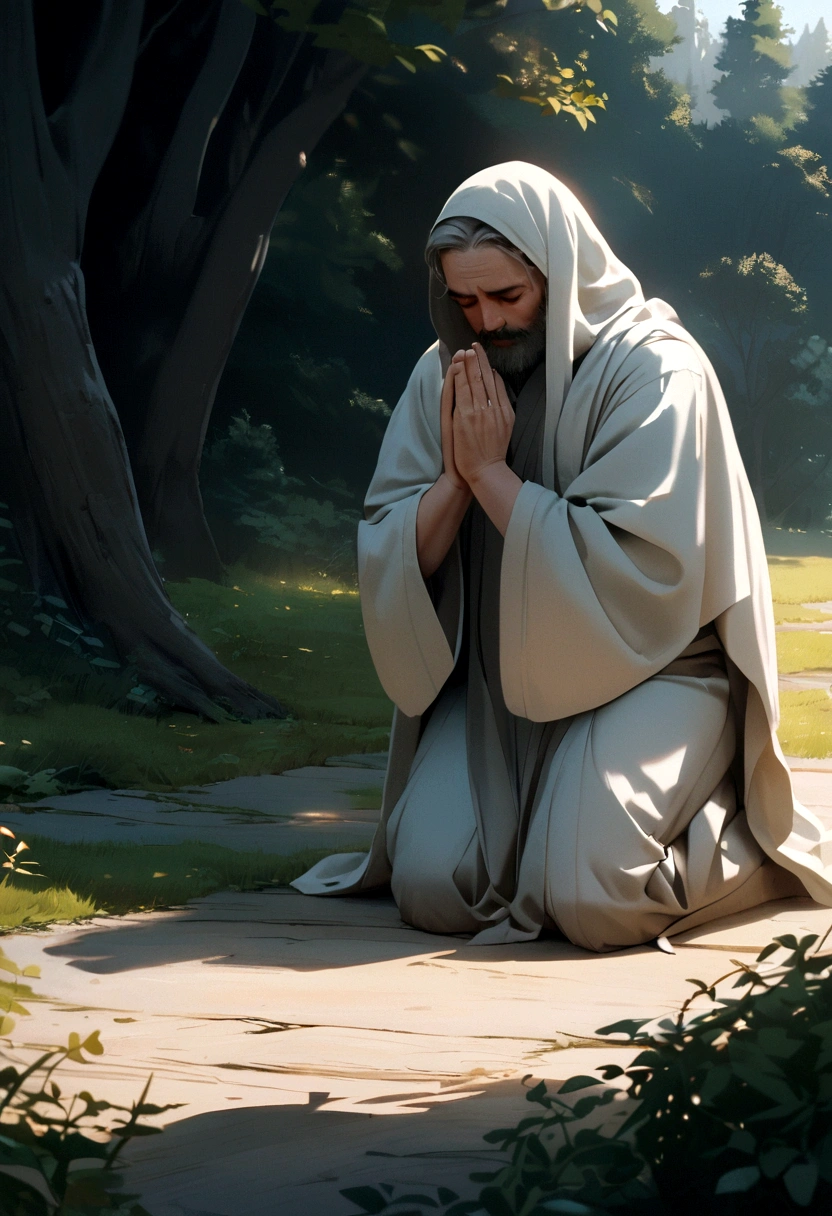 An image of a man kneeling in prayer, outdoors, demonstrating his devotion to God