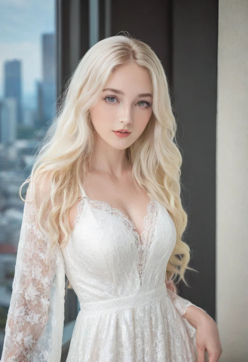 ((European Caucasian Woman))、((Mary, 18 years old))one person、Thin contours、Grey Eyes、Big Breasts、Narrow waist、White and translucent skin、Beautiful, shiny blonde medium-long hair、8-head-tall model style、White lace long dress、Waist-down angle、Tokyo city