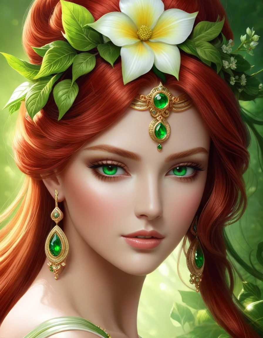 very beautiful portrait of a beautiful goddess, beautiful fantasy girl, Beautiful girl, The mythology of the goddess of the earth, beautiful fantasy portrait, flower goddess, red hair with green eyes detailed face, , in glazing technique , digital painting, glazing technique, 3D графика, HD,