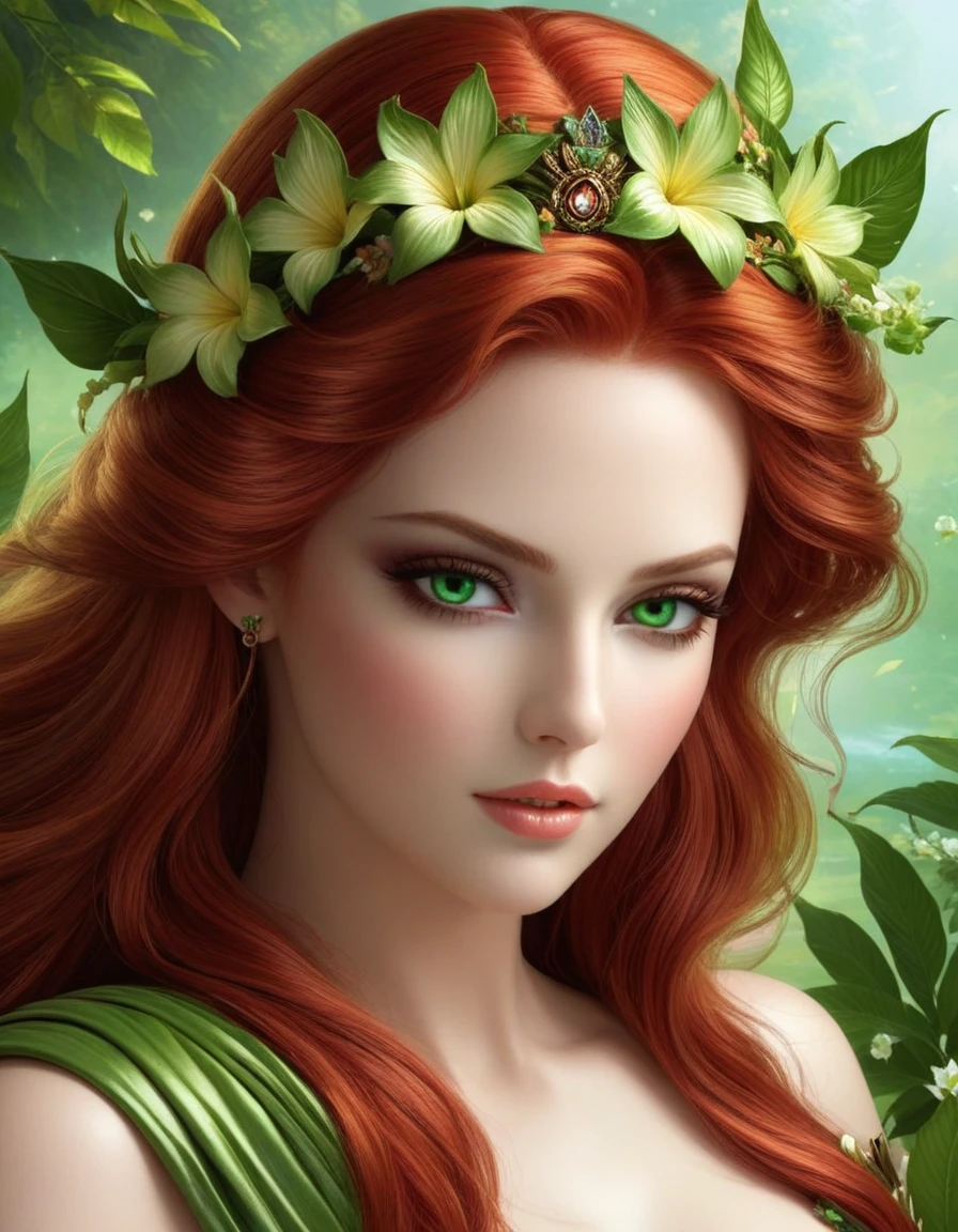 very beautiful portrait of a beautiful goddess, beautiful fantasy girl, Beautiful girl, The mythology of the goddess of the earth, beautiful fantasy portrait, flower goddess, red hair with green eyes detailed face, , in glazing technique , digital painting, glazing technique, 3D графика, HD,