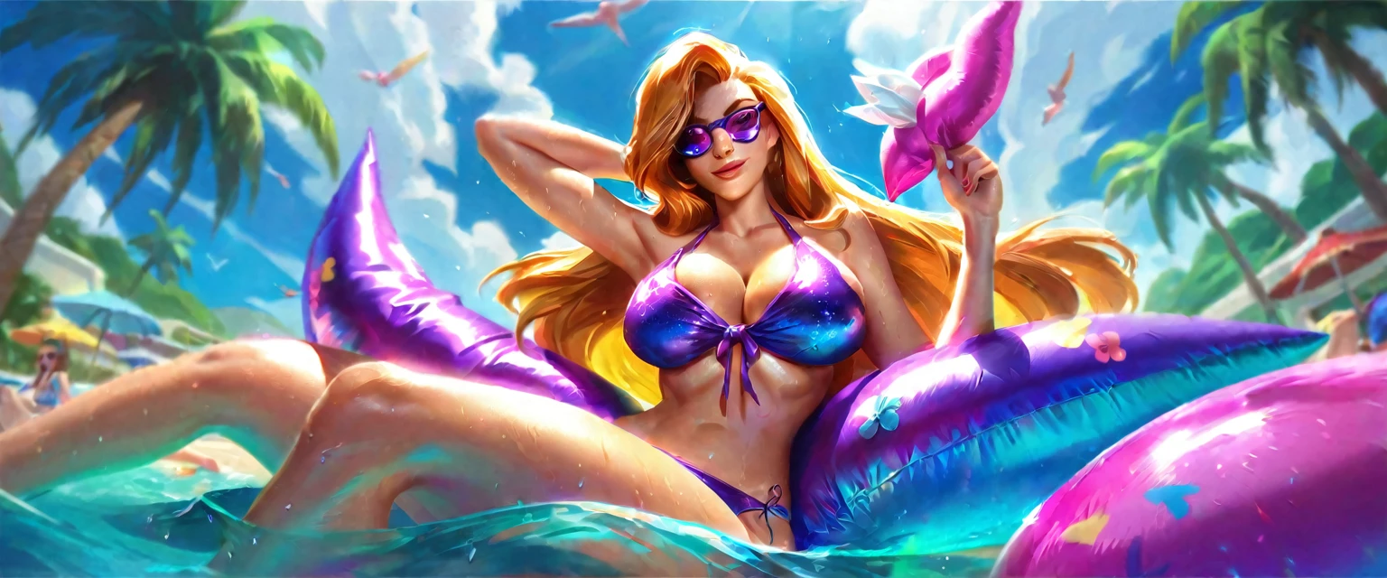 best aesthetic, lolsplashart, pool miss fortune, 1girl, solo, long hair, breasts, looking at viewer, smile, bangs, very large breasts, swimsuit, cleavage, pink lipstick, kiss marks, green eyes, blonde hair, pink hair, outdoors, butterfly, sky, day, bikini, cloud, tree, water, pedal, blue sky, butterfly wings, purple bikini, pool float, sunglasses, palm tree, beachball, beach umbrella, ocean waves, a beautiful young woman with long pink hair, wearing a purple bikini and sunglasses, lounging on a pool float in a sparkling blue pool. She is surrounded by tropical flowers and palm trees, and the scene is set against a backdrop of a bright blue sky with fluffy white clouds. The woman's pose is relaxed and carefree as she floats in the pool, enjoying the sunshine. The colorful flowers, pool float, and her bold purple bikini all contribute to the fun, summery vibe. The overall atmosphere is cheerful and lighthearted, capturing the essence of a perfect poolside day.