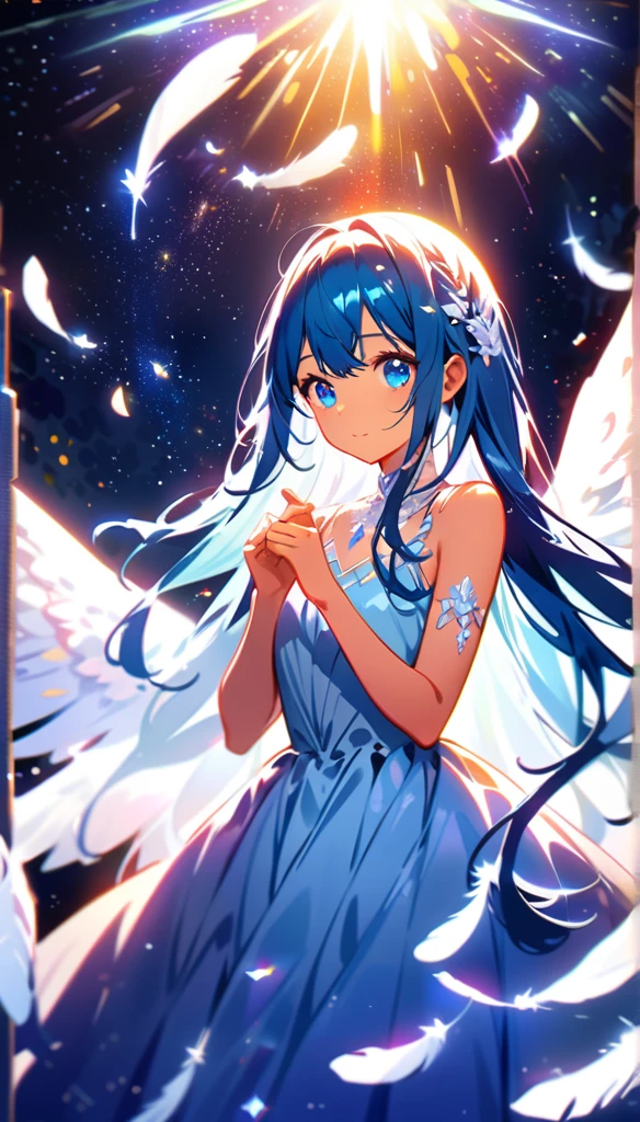 (best quality:1.2),(hands finger 5 digits:1.3),(extremely delicate and beautiful:1.3),(detailed ultra detailed:1.2),(scenery clear details:1.2),(scenery crystal clear :1.2),(solo),(blue eyes),(long white long hair),(white dress),(angel wings),(floating white feathers,starry sky),(clusters of stars,starry sky),(glinting stars),(solo),(long silver long hair),(best quality:1.2),(hands finger 5 digits:1.3),(extremely delicate and beautiful:1.3),(detailed ultra detailed:1.2),(scenery clear details:1.2),