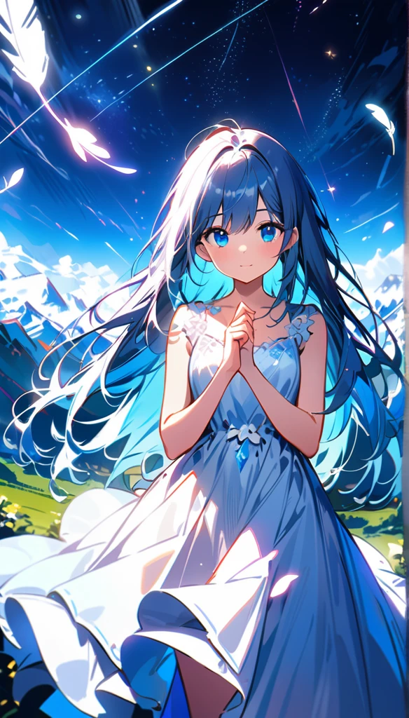 (best quality:1.2),(hands finger 5 digits:1.3),(extremely delicate and beautiful:1.3),(detailed ultra detailed:1.2),(scenery clear details:1.2),(scenery crystal clear :1.2),(solo),(blue eyes),(long white long hair),(white dress),(angel wings),(floating white feathers,starry sky),(clusters of stars,starry sky),(glinting stars),(solo),(long silver long hair),(best quality:1.2),(hands finger 5 digits:1.3),(extremely delicate and beautiful:1.3),(detailed ultra detailed:1.2),(scenery clear details:1.2),