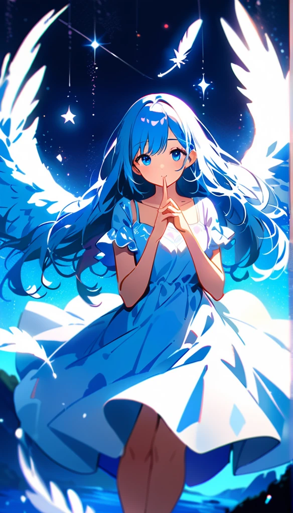 (best quality:1.2),(hands finger 5 digits:1.3),(extremely delicate and beautiful:1.3),(detailed ultra detailed:1.2),(scenery clear details:1.2),(scenery crystal clear :1.2),(solo),(blue eyes),(long white long hair),(white dress),(angel wings),(floating white feathers,starry sky),(clusters of stars,starry sky),(glinting stars),(solo),(long silver long hair),(best quality:1.2),(hands finger 5 digits:1.3),(extremely delicate and beautiful:1.3),(detailed ultra detailed:1.2),(scenery clear details:1.2),