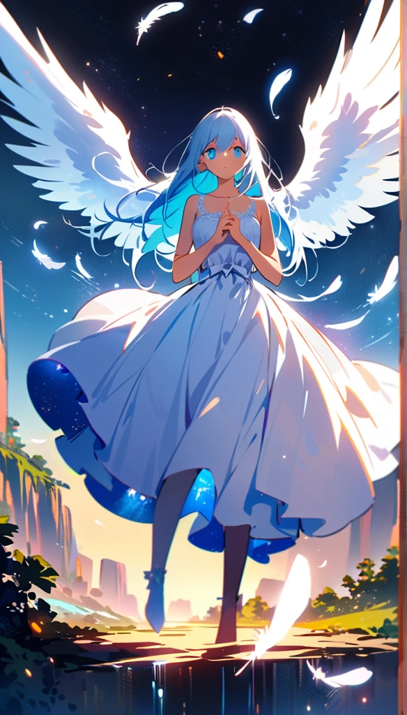 (best quality:1.2),(hands finger 5 digits:1.3),(extremely delicate and beautiful:1.3),(detailed ultra detailed:1.2),(scenery clear details:1.2),(scenery crystal clear :1.2),(solo),(blue eyes),(long white long hair),(white dress),(angel wings),(floating white feathers,starry sky),(clusters of stars,starry sky),(glinting stars),(solo),(long silver long hair),(best quality:1.2),(hands finger 5 digits:1.3),(extremely delicate and beautiful:1.3),(detailed ultra detailed:1.2),(scenery clear details:1.2),