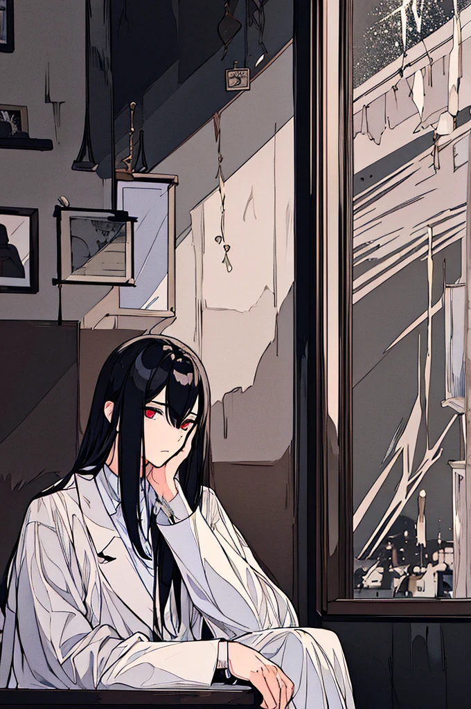 masterpiece,One boy,,(Character Focus),Black and white image quality,old photograph,In town,The character and the interviewer are sitting across from each other in a coffee shop.,the viewer is looking out the window,Character traits(Unhealthy,Long Hair,White suit,Sad face,infected person),infected person(Crystals appear on the back of the hand, breaking through the skin.)