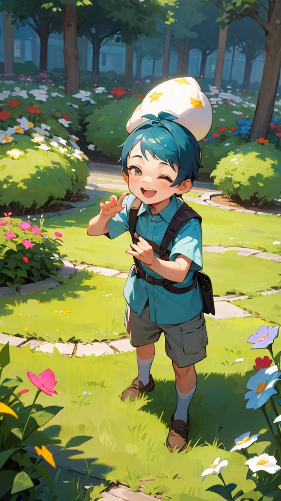 garden　playing with children　smile　The boy&#39;s hair is black　The girl has brown hair　summer　blue sky　cumulonimbus
