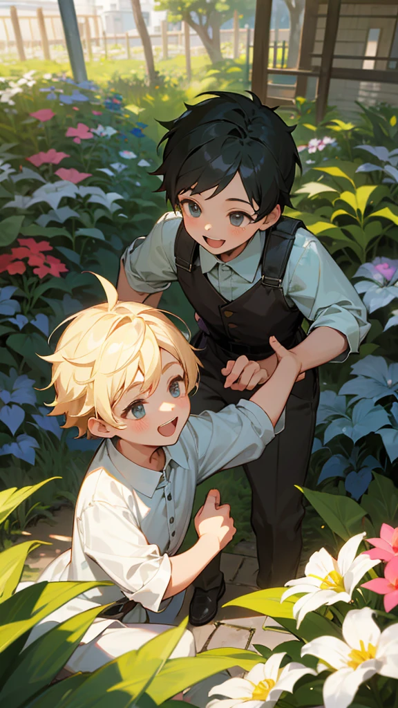 garden playing with children smile The boy's hair is black The girl has brown hair summer blue sky cumulonimbus