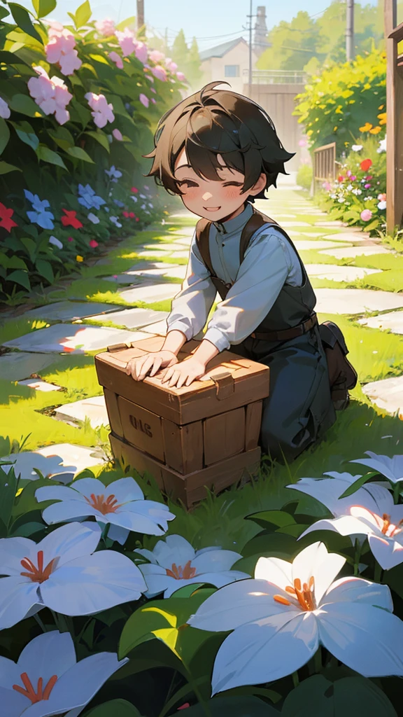 garden playing with children smile The boy's hair is black The girl has brown hair summer blue sky cumulonimbus