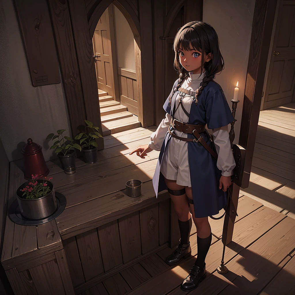最high quality、high quality、Simple clothing from the Middle Ages、10Year old girl adventurer、Climb the maze stairs、Shorts、Equipped with a dagger and a shield、In a dark maze