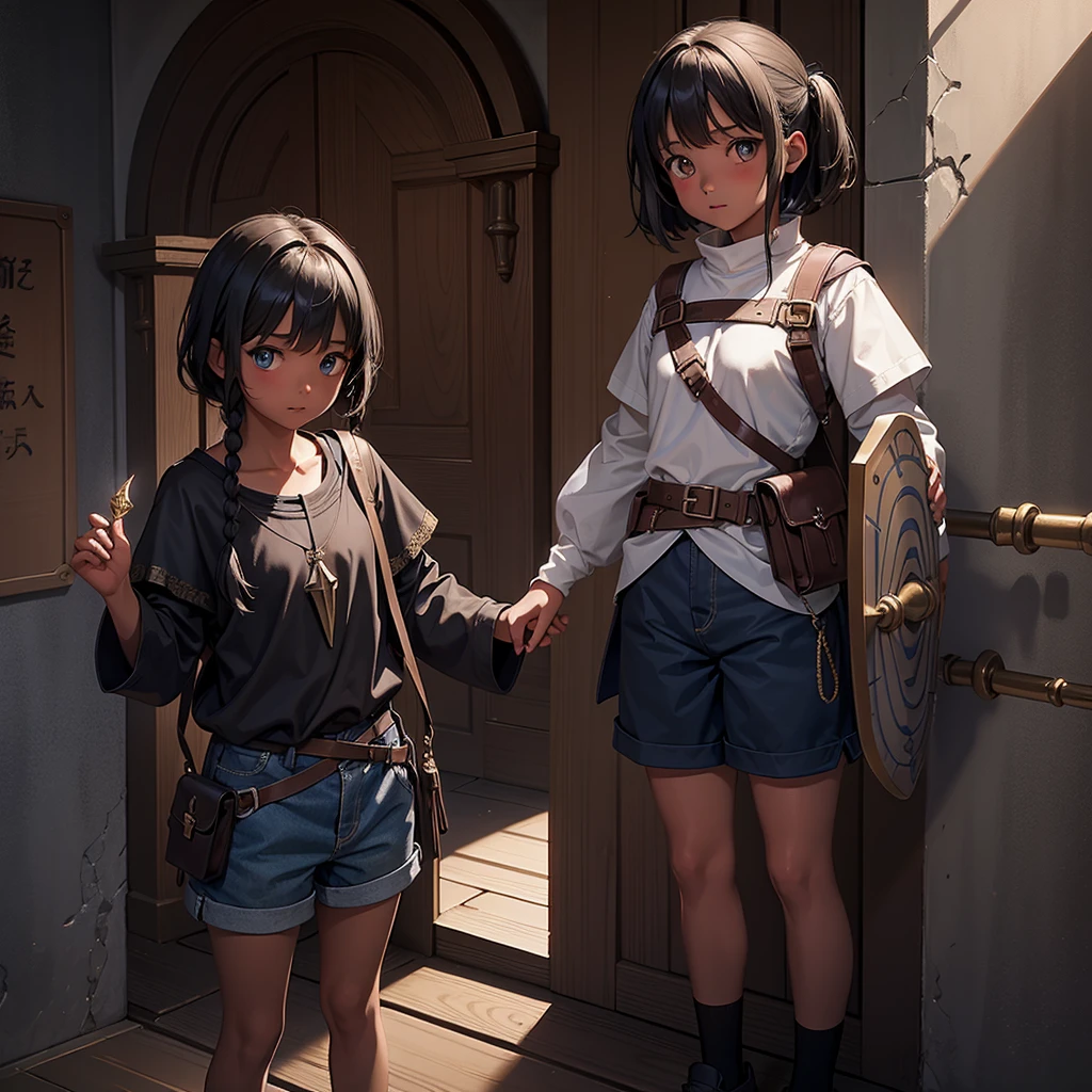 最high quality、high quality、Simple clothing from the Middle Ages、10Year old girl adventurer、Climb the maze stairs、Shorts、Equipped with a dagger and a shield、In a dark maze