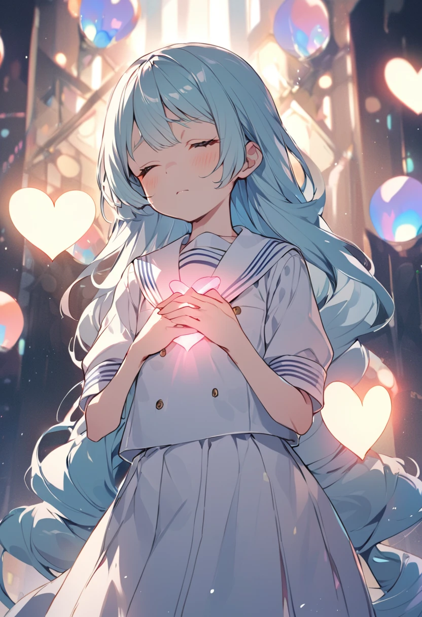 BREAK Perfect Anatomy,(High resolution:1.2),Incredible illustrations(Cute illustrations:1.2)(Beautiful background,blue sky、Colorful flowers)1gial((multicolored hair,wavy long hair)closed eyes,serious (sailor uniform),(a girl,tall, height 1.5meters, 40kg),,17-year-old,flat chest)A pensive girl with her hands on her chest(Heart light in your hand)