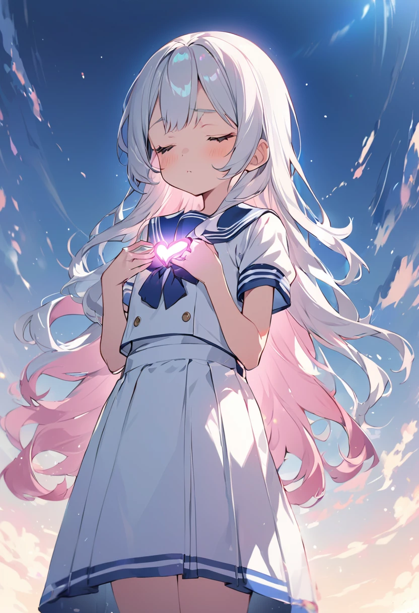BREAK Perfect Anatomy,(High resolution:1.2),Incredible illustrations(Cute illustrations:1.2)(Beautiful background,blue sky、Colorful flowers)1gial((multicolored hair,wavy long hair)closed eyes,serious (sailor uniform),(a girl,tall, height 1.5meters, 40kg),,17-year-old,flat chest)A pensive girl with her hands on her chest(Heart light in your hand)