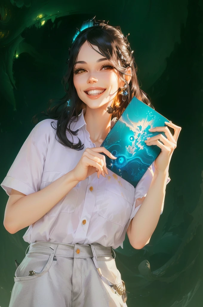 Smile,Show your teeth,White Teeth,masterpiece, best quality, (extremely detailed CG unity 8k wallpaper), (best quality), (best illustration), (best shadow), absurdres, realistic lighting, (Abyss), beautiful detailed glow, art by PeterMohrBacher,