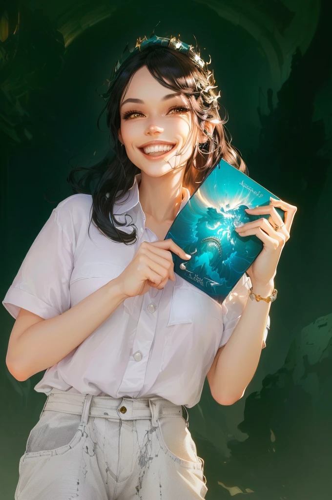 Smile,Show your teeth,White Teeth,masterpiece, best quality, (extremely detailed CG unity 8k wallpaper), (best quality), (best illustration), (best shadow), absurdres, realistic lighting, (Abyss), beautiful detailed glow, art by PeterMohrBacher,