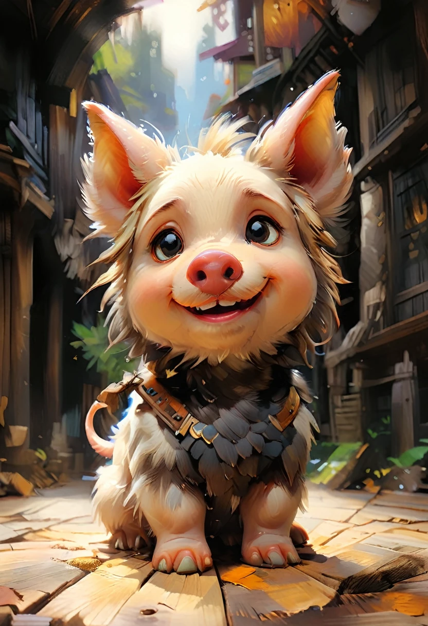 Masterpiece Illustration, high quality, high resolution 16k, a painting of a dady pig with a smile on it's face,(fisheye camera ) zhibi, funy cartoon, cgi art, oil painting, a small pig sitting on top of a wooden floor, trend in art station, playful smile, yoshitaka amano photorealistic, 🍁 cute, moana, with hooves and wings, inspired by Reuben Tam, very cute features, with a mohawk, pinterest anime, 8 8 8 8, small in size, long pointy ears, artstyle andree wallin