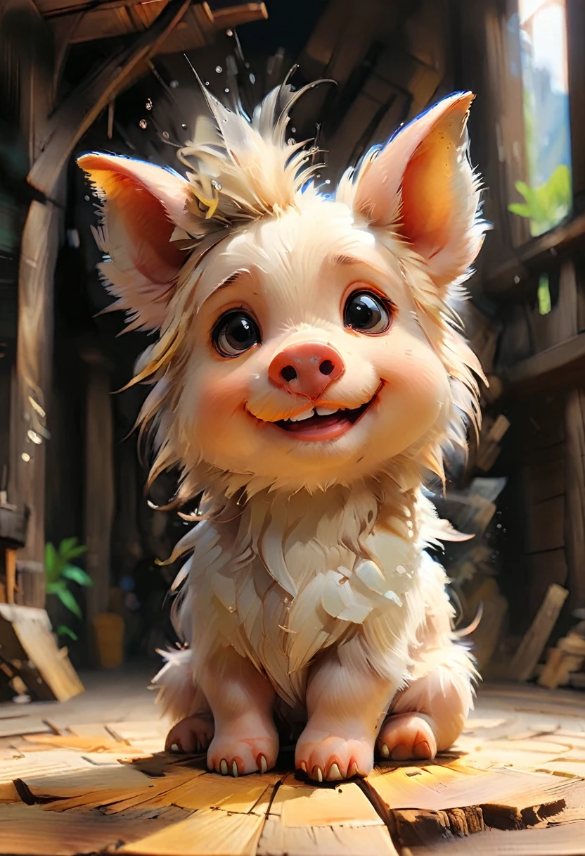 Masterpiece Illustration, high quality, high resolution 16k, a painting of a dady pig with a smile on it's face,(fisheye camera ) zhibi, funy cartoon, cgi art,  oil painting, a small pig sitting on top of a wooden floor, trend in art station, playful smile, yoshitaka amano photorealistic, 🍁 cute, moana, with hooves and wings, inspired by Reuben Tam, very cute features, with a mohawk, pinterest anime, 8 8 8 8, small in size, long pointy ears, artstyle andree wallin