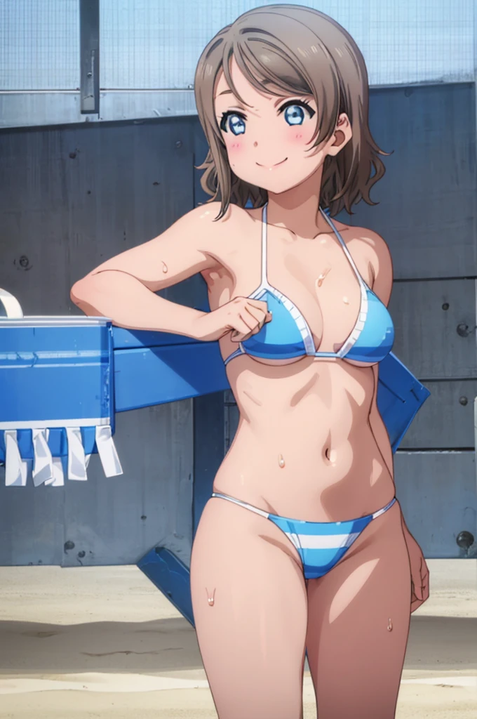 (((pixel-perfect, detail-perfect))), solo, 1girl, you watanabe, eyes azzur, smile, bikini, wet body, summer beach, armpit, big filesize, ultra High Qality