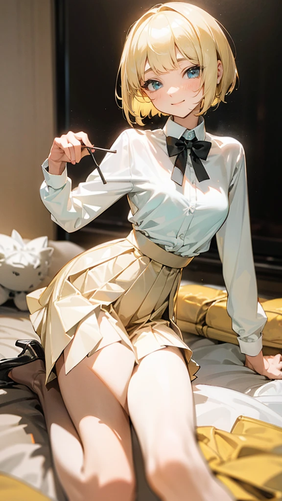 Best quality,fine quality products,detailed,gayaru,slim,blonde bobcut hair,very small breasts,shirt,pleated skirt,looking happy