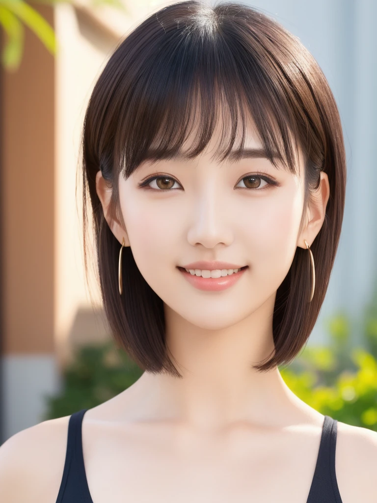 (masterpiece)、(Highest quality:1.5)、(16k wallpaper:1.2)、(Photorealistic:1.2)、(Ultra-detailed:1.2)、(超A high resolution:1.2),(Surreal), (High resolution), (Realistic), (Post-processing), (Very detailed),(Sharp focus), Sharp focus:1.2,Backlight, Bright light, (Improvement of quality:1.4),(Anatomically correct body)、1 female、Japanese、Asian、Realistic Skin, Pretty woman with perfect figure:1.4,(from the front:1.5), (Enhances the beauty of skin texture:1.1), (Beautiful fine details), (Detailed face),Beautiful realistic face,No makeup、(Plump Cheeks)、美しいBlack Hair、The best smile、Natural color lip、Even bangs、Hide eyebrows with bangs、(20-year-old woman)、Bob Hair、Hair blowing in the wind, (Black Hair, Iris, (Short bob cut hair), Small earrings, Hair behind the ear、No makeup、(Drooping eyes)、Drooping eye corners、