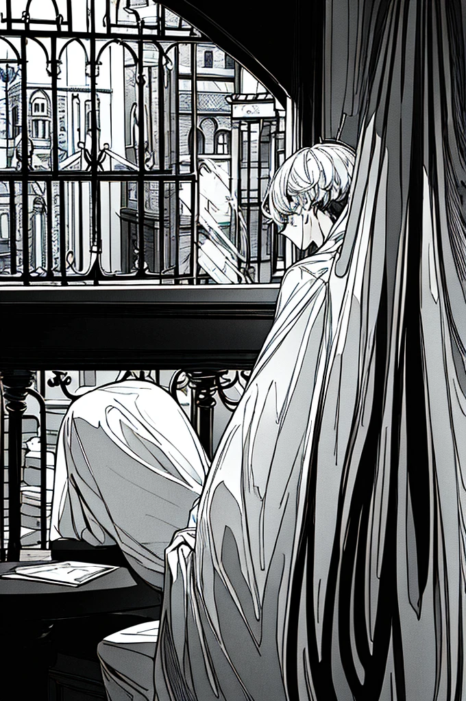 masterpiece,One boy,,(Character Focus),Black and white image quality,old photograph,In town,The character and the interviewer are sitting across from each other in a coffee shop.,the viewer is looking out the window,Character traits(Unhealthy,Long Hair,White suit,Sad face,Small crystals appear on the back of the hand, breaking through the skin.)
