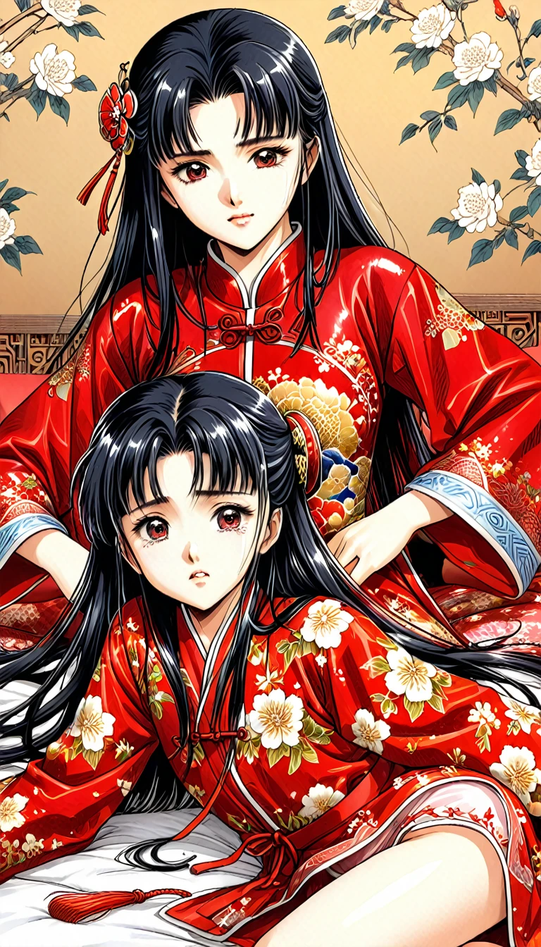 8k Tragic historical drama in live-action style: Beautiful palace secrets A beautiful 10-year-old Chinese kung fu princess with long black hair defecates with all her might Gorgeous embroidery, Ultra glossy, She is wearing a shiny red top and bottom long sleeve floral pajama kung fu suit.... She cried a lot and was laid down on a floral futon. She spreads her legs wide and receives an enema through her anus.、Filth、A large amount of poop is dripping
