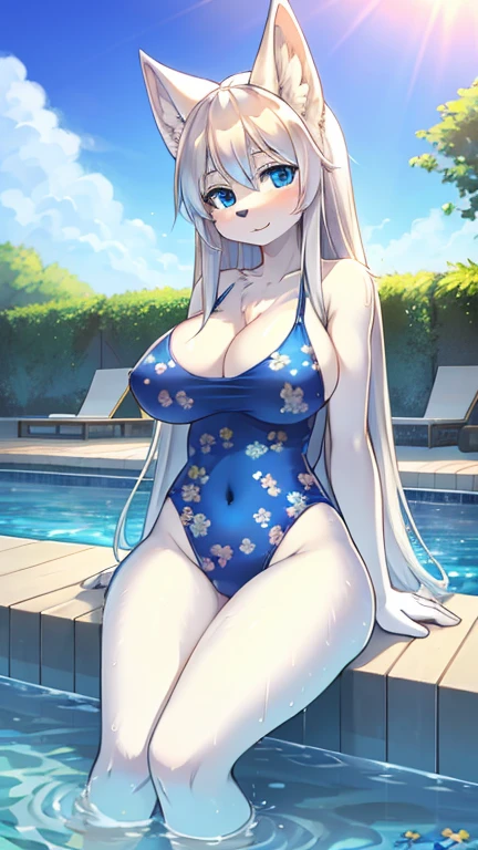 best quality, best resolution, (fluffy anthro furry), arctic fox girl, silver hair, blue eyes, (white fur), long straight hair, big breast, sophisticated manner, (dark blue one piece swimsuit with subtle floral pattern), sitting in water, lavish pool, sun rays, wet