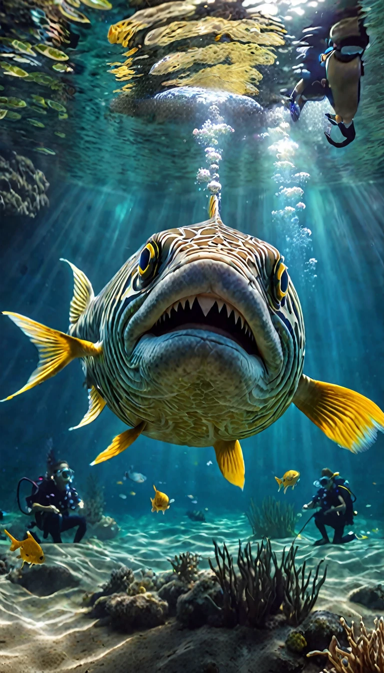 Panorama,A creature under the water with a human face and a fish body(best quality,4K,8K,High level,masterpiece:1.2),Ultra Detailed,(lifelike,Photo real,Photo real:1.37),Highly detailed animals,Complex patterns,Realistic lighting,Fantasy Creatures