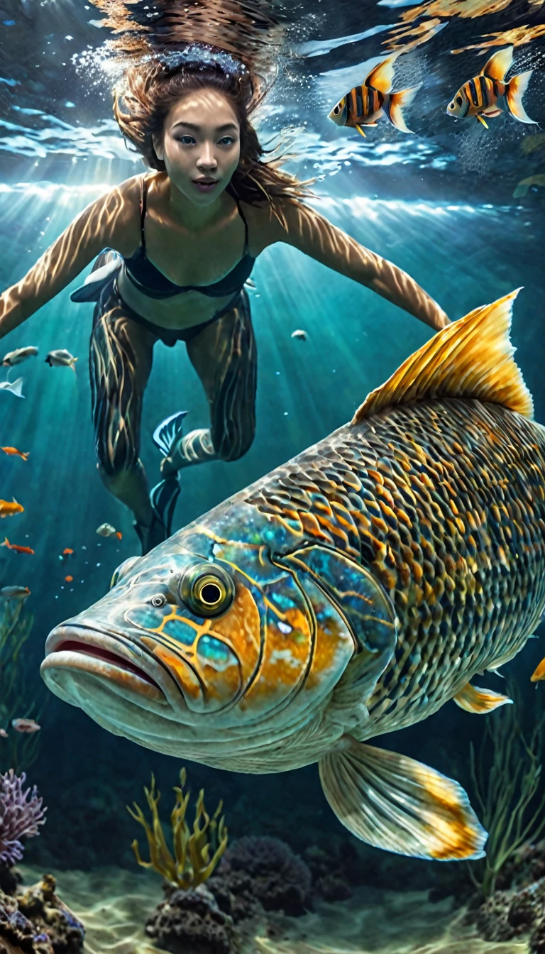 Panorama,A creature under the water with a human face and a fish body(best quality,4K,8K,High level,masterpiece:1.2),Ultra Detailed,(lifelike,Photo real,Photo real:1.37),Highly detailed animals,Complex patterns,Realistic lighting,Fantasy Creatures