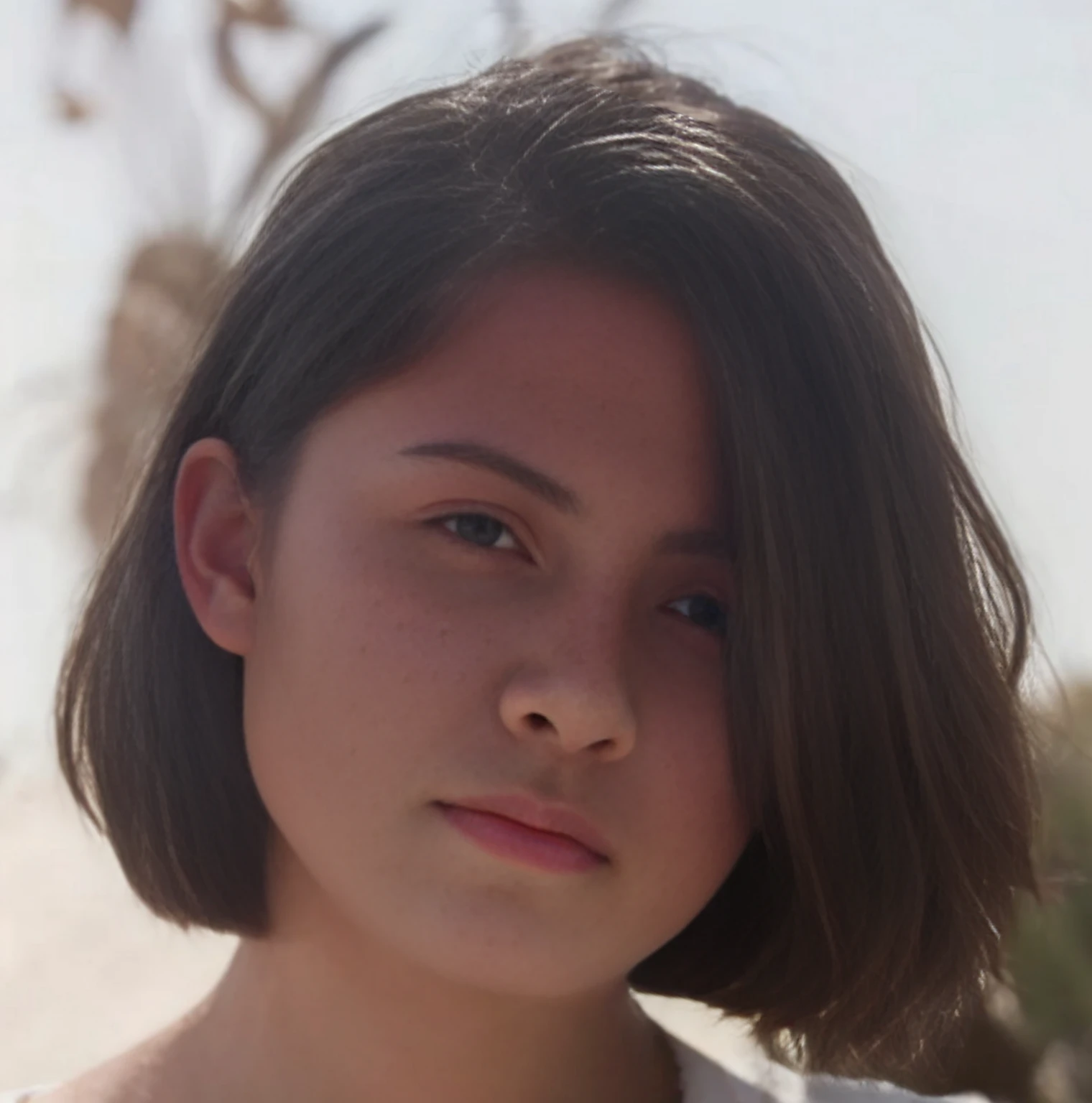 there is a woman standing on a beach with a man in the background, in desert, in the desert, in a desert, subtle details, detailed portrait shot, wearing white clothes, with short hair, on the desert