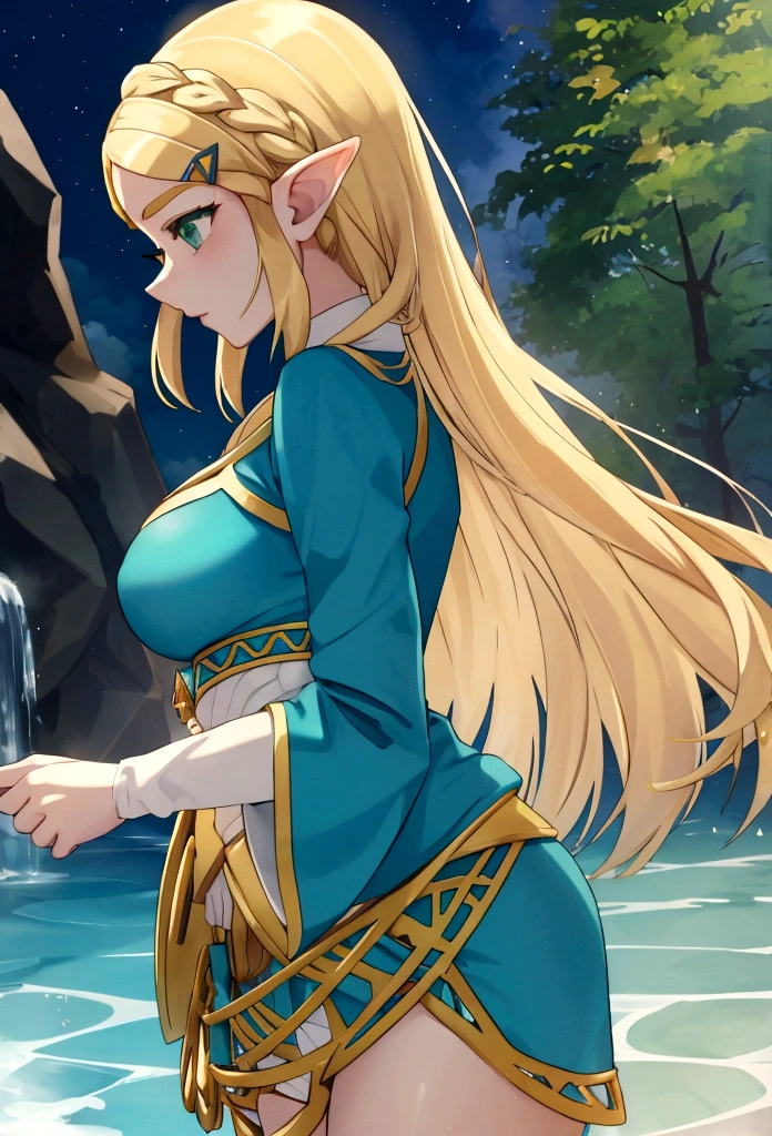 princess zelda, blonde very long hair, green eyes, wearing a sexy blue dress, side slit, ultrasharp, looking at the viewer, ((best quality)), ((masterpiece)), (detailed), perfect face, big breast, sexy body, sexy woman besides her, hugged, An anime scene of two girls hugging and kissing intensely, with hearts and sparkles floating around them as they stand in pool of water
