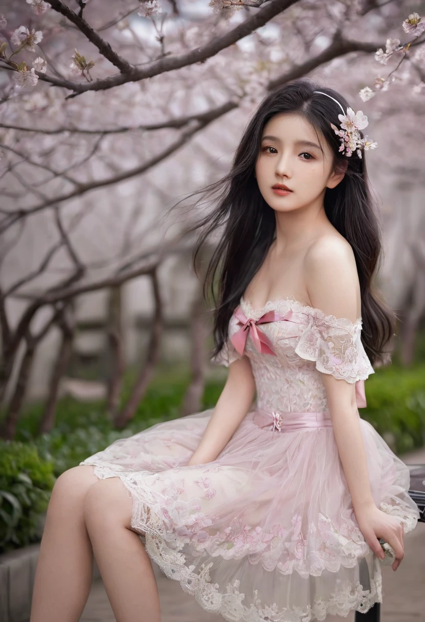 (Little Girl:1.5),Lace,Ribbon,(masterpiece, Side Light, 精致beautiful灰色眼睛: 1.2), Medium breasts, Practical, Glowing eyes,Shiny hair,Black Hair,long hair, Glowing skin, Solitary, Awkward,Strapless,Beautifully,beautiful,garden,Flowers,Flying petals, Bare legs, Cherry blossoms, Movie Lighting, Composition, Rich expression
