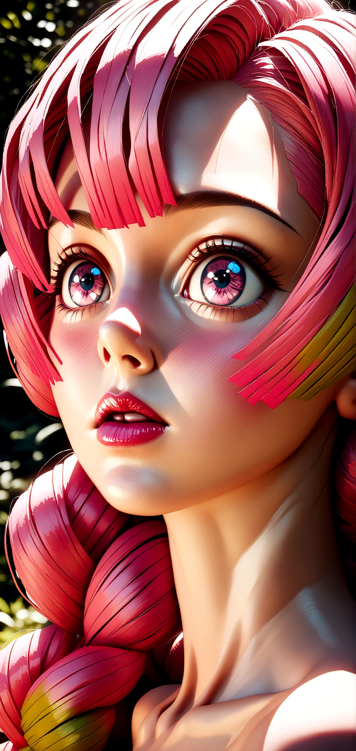 a mitsuri kanroji, beautiful detailed eyes, beautiful detailed lips, extremely detailed face, long eyelashes, young woman with pink hair, anime style, naked, nature background, vibrant colors, cinematic lighting, photorealistic, 8k, masterpiece, high quality