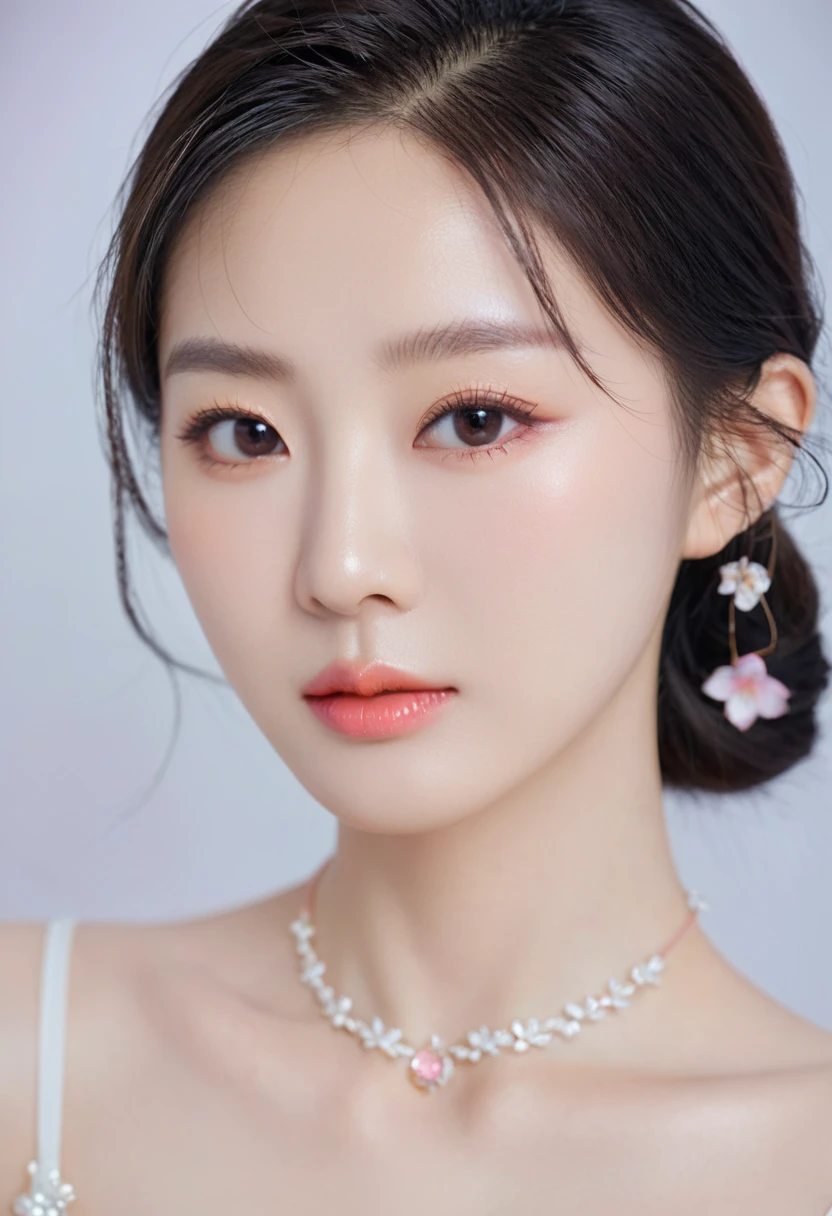 Gentle and charming Chinese beautiful woman, half-length photo, delicate and sexy collarbone, charming oval face, double eyelids, vivid peach blossom eyes, pink lips, small nose, bare shoulders, focused face, face close-up, ultra-high-definition, Super details, elegant standing posture, ultra-thin light-transmitting wet yarn