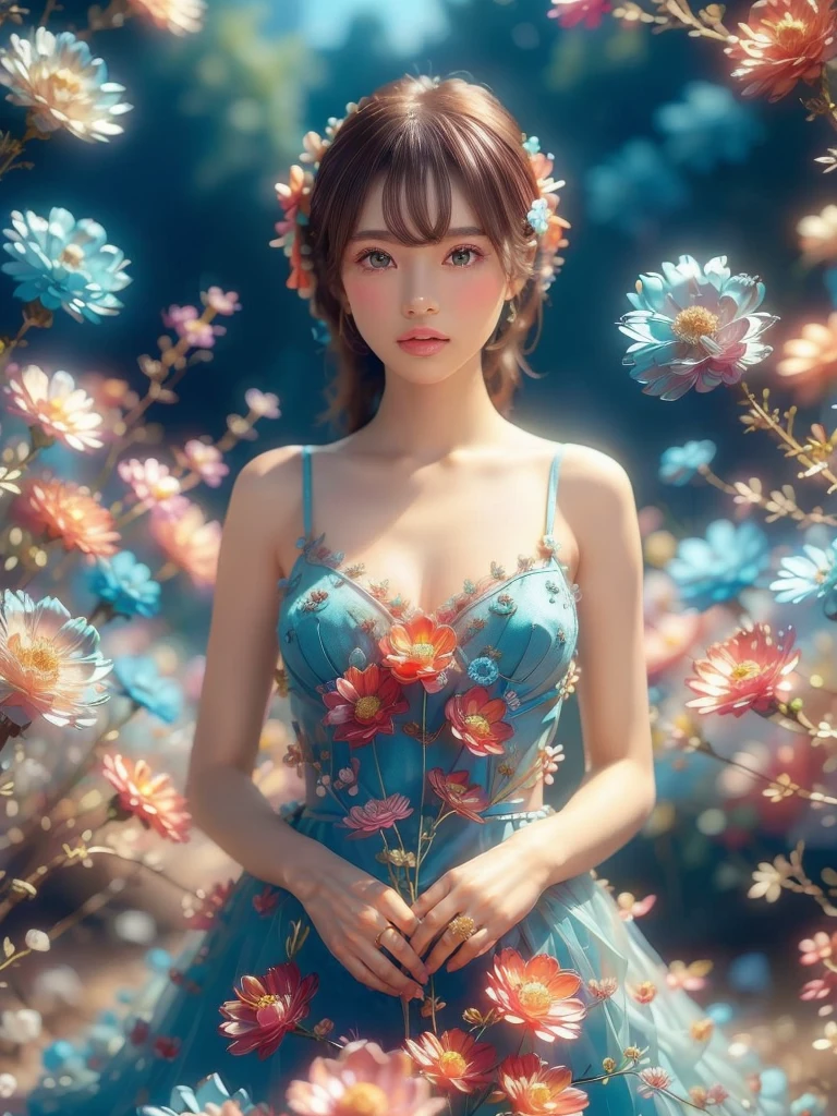 (Fashion magazines are a big hit:1.2),(Attractive woman:1.3),(Beautiful and delicate eyes:1.2),(Fashion clothing design:1.2),(Tulle texture:1.1),turquoise Flowers,surrounded by Flowers,Transparent dew,Fresh and elegant,(Flowers blooming wildly:1.2),Delicate buds,Turquoise blue atmosphere,(masterpiece:1,2),Highest quality,masterpiece,High resolution,original,Highly detailed wallpaper,Perfect lighting,(Highly detailed CG:1.2)Flowers,turquoise Flowers,full_body, Huge_chest, whole body、(((Brown Hair 1.5)))、Clear skin、Whitening、Elegant pose 1.5