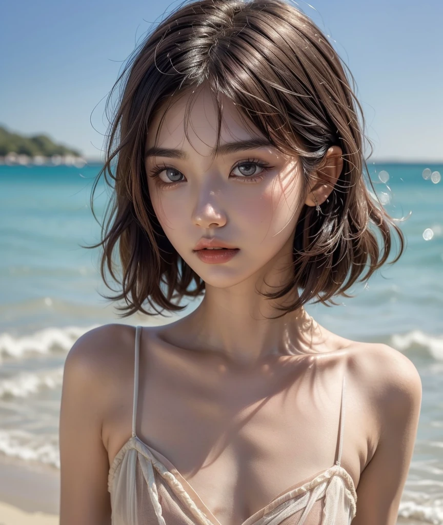 ((Highest quality)), ((masterpiece)) ,((one girl)), (detailed),((in the beach)), ((One girl)), ((nude)),(()),((flat chest:1.6)), (stare at viewer with stern eyes:1.5),((one girl)),(bitting own lip:1.1),(angry:0.9),nose blush,(shamefull:1.2),(bob cut hair),surprised, ((beautiful realistic face)),Beautiful Korean Women, Beautiful young Korean woman, Young and adorable Korean face, Gorgeous Young Korean Woman, Korean Girls, Girl cute beautiful face, Portraits of Korean female idols, Young and pretty Asian face, Cute natural anime face,Asian pretty face,((finely detailed face)),((glistening eyes)),((glistening eyes )),((large eyes)),(( pretty eyes)) ,(detailed),Perfect Face,((One girl)), ((clear eyes)),((show nipples)),((beautiful skin)), don't wear anything ,((show nipples)),(upper body),Showing her