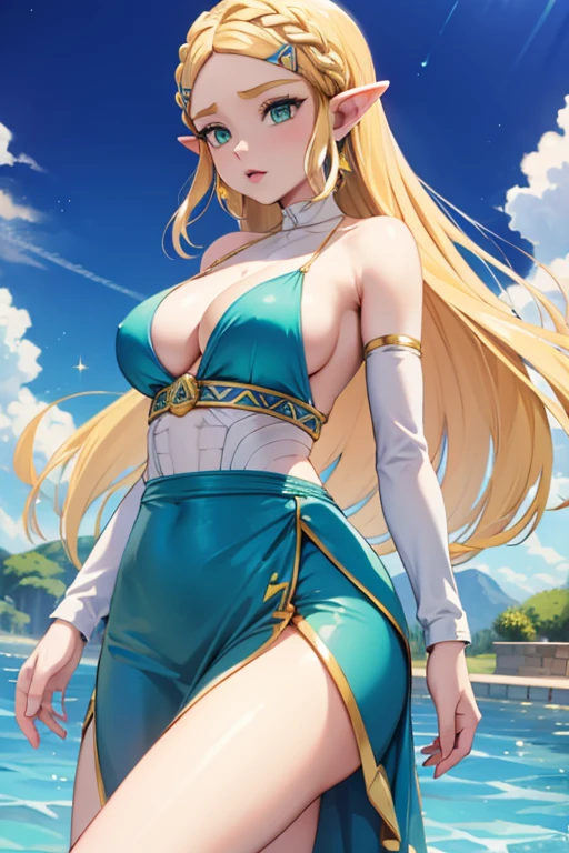 princess zelda, blonde very long hair, green eyes, wearing a sexy blue dress, side slit, ultrasharp, looking at the viewer, ((best quality)), ((masterpiece)), (detailed), perfect face, big breast, sexy body, sexy woman besides her, hugged, An anime scene of two girls hugging and kissing intensely, with hearts and sparkles floating around them as they stand in pool of water