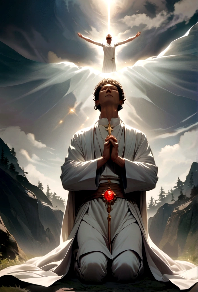 An image of a man kneeling in prayer, outdoors, demonstrating his devotion to God. Vision paul of sky