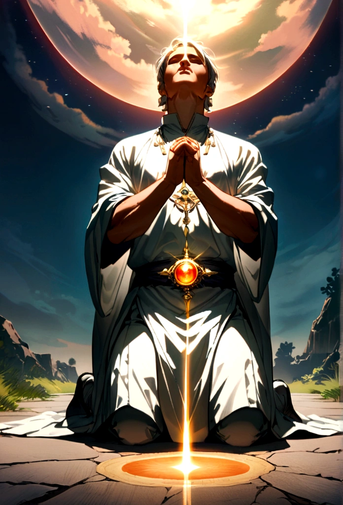 An image of a man kneeling in prayer, outdoors, demonstrating his devotion to God. Vision paul of sky