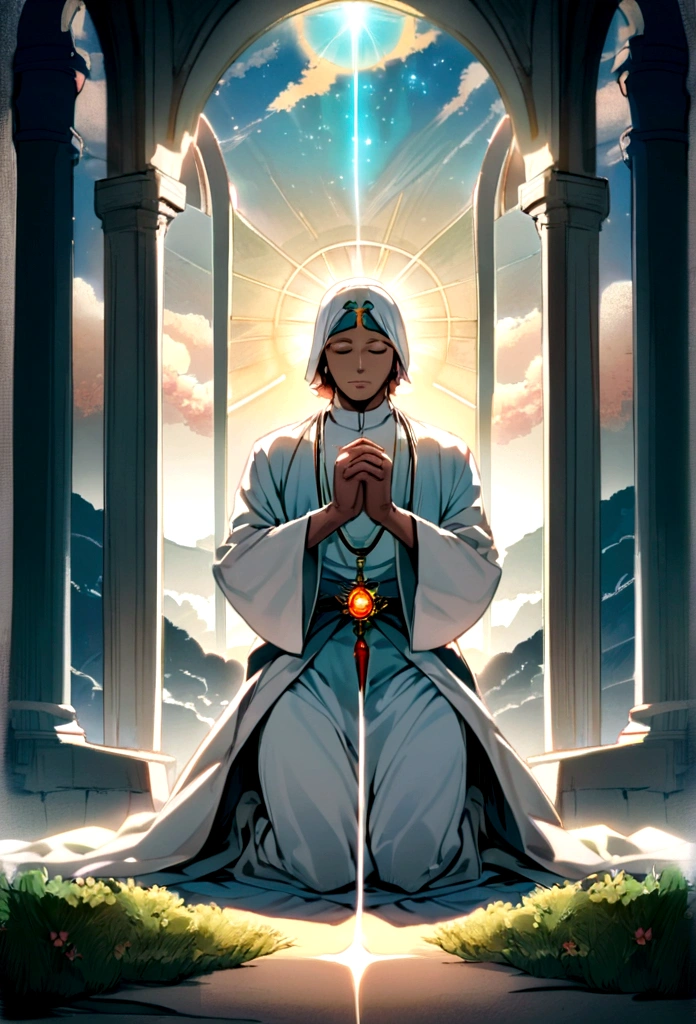 An image of a man kneeling in prayer, outdoors, demonstrating his devotion to God. Vision paul of sky