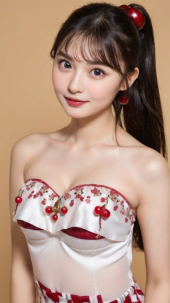 Smile、natta、Raw photography、(((Ultimate Beauty Portrait)))、((glistning skin))、1 girl、 beautiful girl in Prague、bright expression、((brown haired))、(cleavage of the breast)、((Big eyes that shine like jewels))、(strapless cropped tops:1.35), (strapless:1.25), (underboob:1.55), (bare shoulders:1.25)、Glossy glossy skin、(Medium Hair)、(Silky Ponytail Hair)、(is standing)、(frombelow)、Under the skirt、(Close-up of underwear from below)、eye liner、Beautiful bangs、Hair between the eyes、((masterpiece、top-quality、Ultra-detail、Film Light、intricate-detail、hight resolution、ighly detailed))、((Big eyes that shine like jewels,symmetrical eyes))、Glossy glossy skin、(Droopy eyes, Natural Makeup、Ultra-high definition beauty face,slim face:1.35)、(Ultra high resolution perfect beautiful teeth, toothy big smile,medium breasts,slender waist:1.15)、Young and cute gravure idol、(The dress is decorated with cherry-themed patterns and colors, cherry fruits,cherry:1.35)