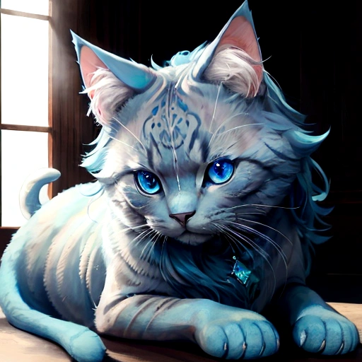 A fluffy blue cat with emerald blue eyes, realistically