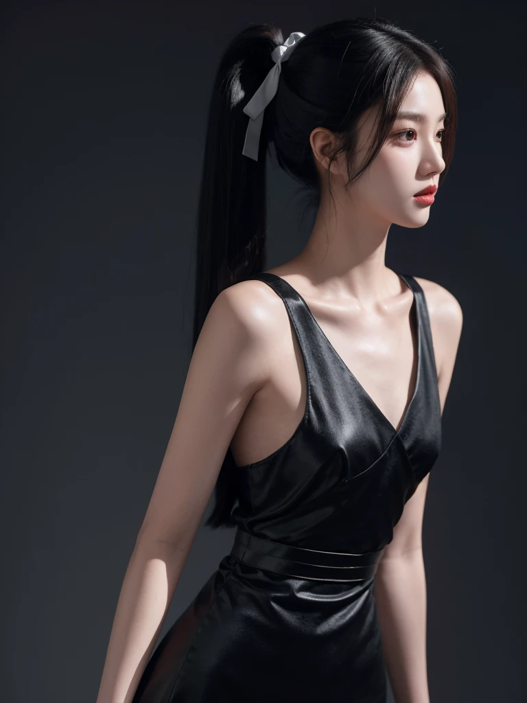 korean model , slim body , 167cm ，Movie Angle，long black ponytails hairstyle, （Cute girl，anatomy correct，wrap dress , ribbon belt，（ art，geomerty），（plethora of colorest quality，high detal，tmasterpiece，Cinematic lighting effects，4K，Chiaroscuro）