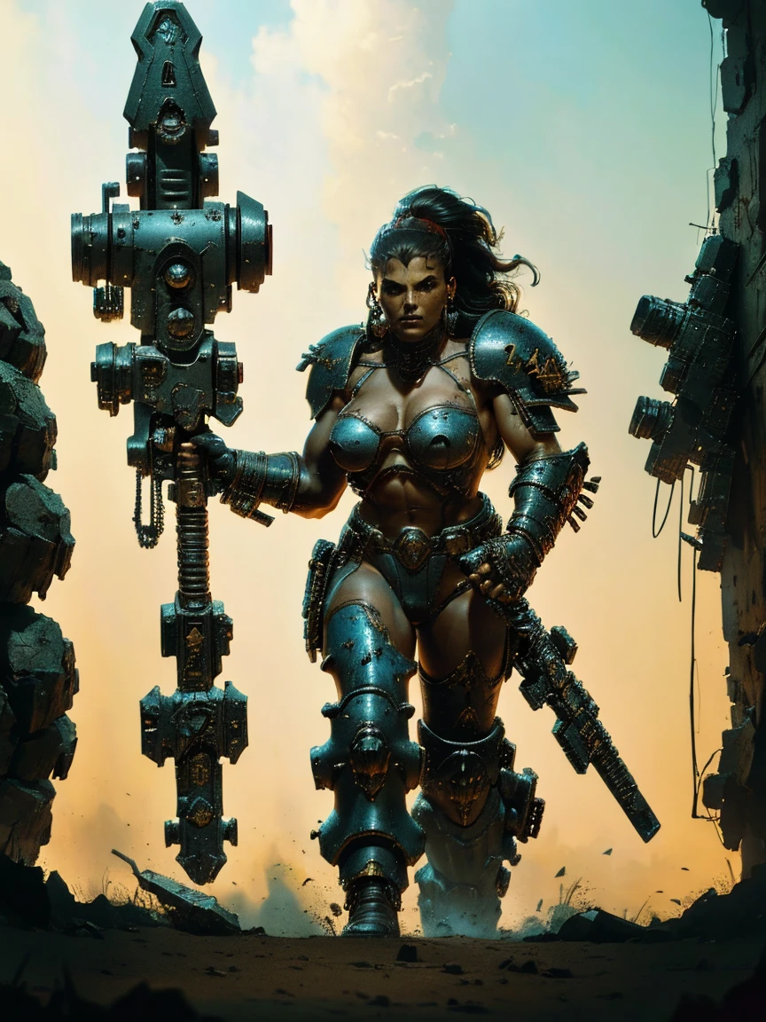 an assassin in power armor based, Warhammer 40K, sci-fi illustration, highly detailed cinematic fantasy portrait, black outlining, full color illustration, in the style of BORIS VALLEJO & JULIE BELL, masterpiece, 8k, ultra-detailed, physically-based rendering, vivid colors, dramatic lighting, intricate background, sci-fi, photorealistic