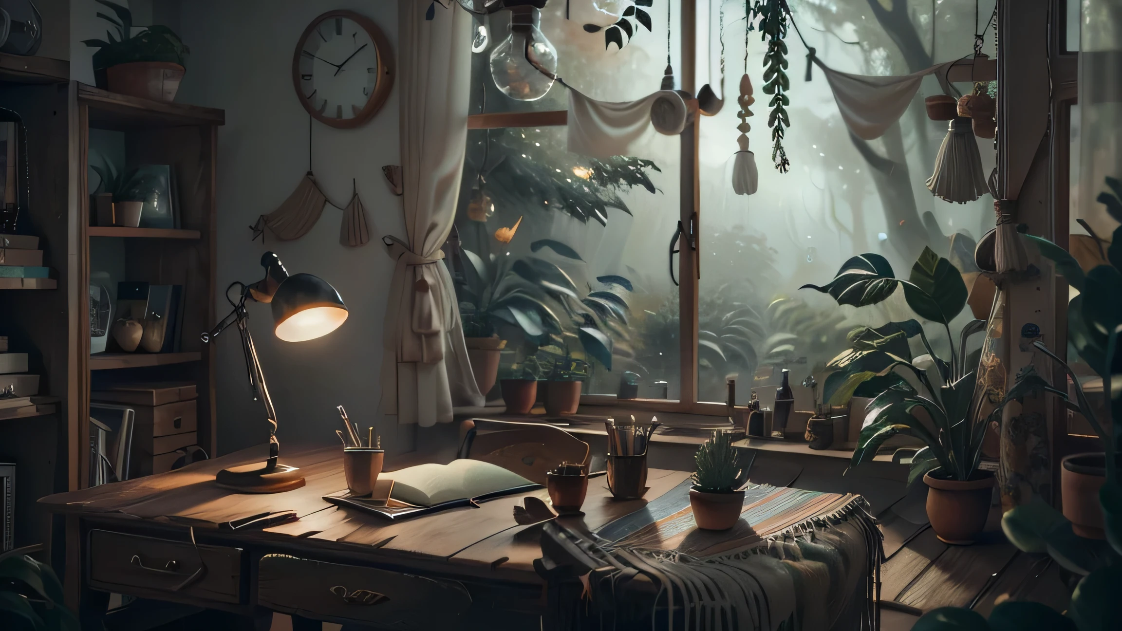 A detailed, cozy office interior with a close up of a large wooden table, a modern desk lamp and a huge glass window overlooking the misty rainforest landscape outside, rain, fog, black sky, photorealistic, studio lighting, 8k, highly detailed, complex, dramatic lighting, moody atmosphere,