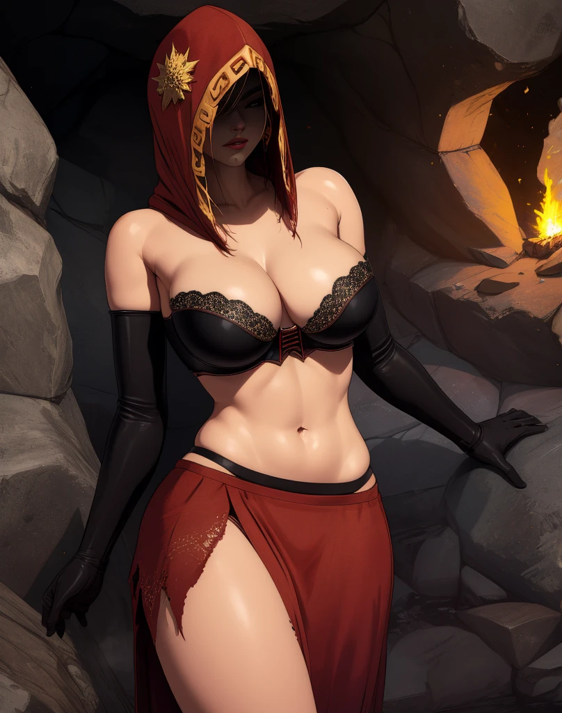 Dsorceress,shadowy face,dark cave,fire, hood, shadowed face,strapless bra, no panty, miniskirt,elbow gloves, dark skin, 1 girl (insanely detailed, masterpiece, best quality),